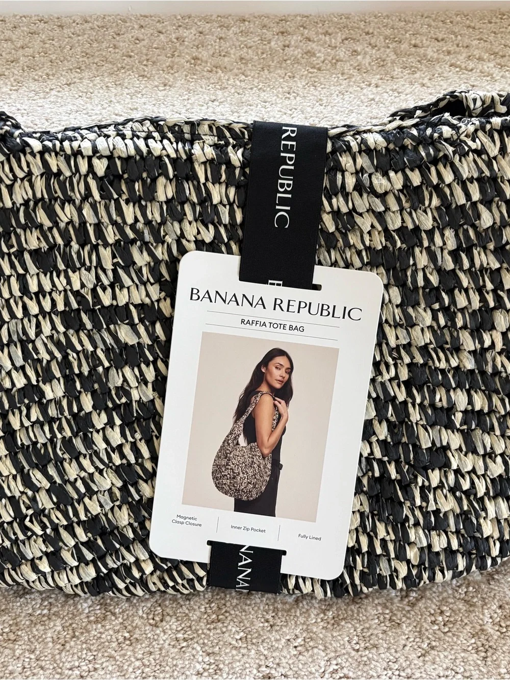 NWT Banana Republic Black & Cream Woven Tote Bag